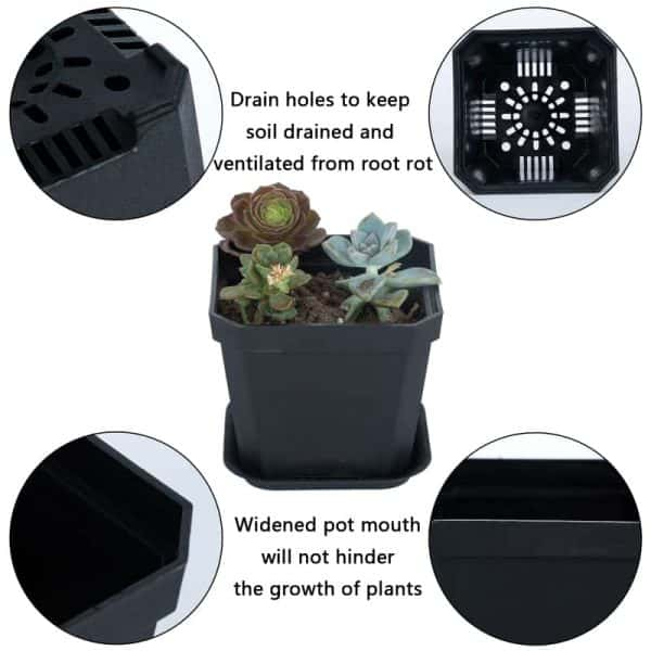 4" Nursery Pot Thick Plastic Square Flower Planting Pots with Saucers