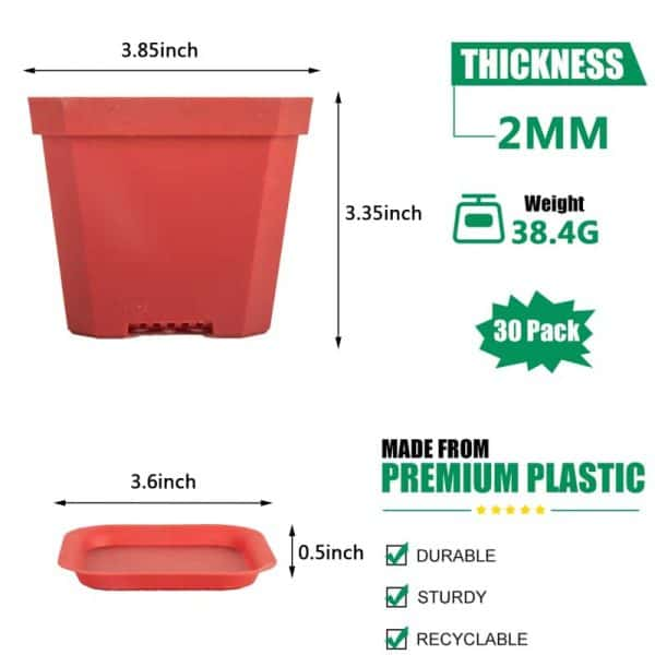 4" Nursery Pot Thick Plastic Square Flower Planting Pots with Saucers