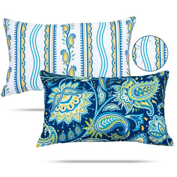 Boho Paisley Outdoor Waterproof Lumbar Pillow Covers 12x20 Flower Striped Pillowcase