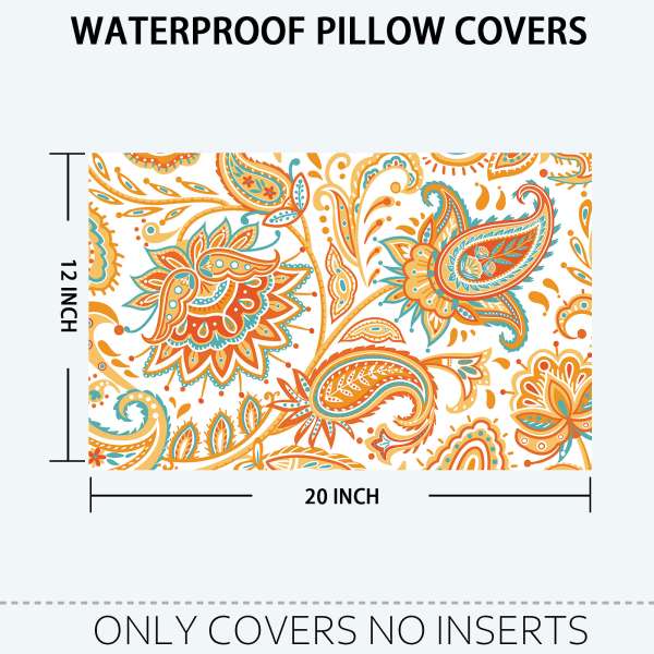 Boho Waterproof Lumbar Pillow Covers 12x20 Paisley Flower Patio Pillowcase