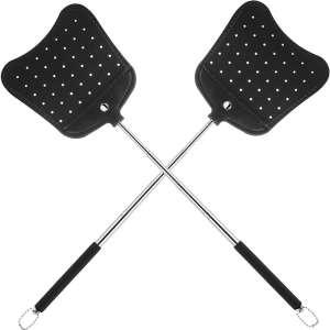 Foxany Leather Fly Swatter, Telescopic Fly Swatters Heavy Duty Set, Flexible Manual Flyswatters Pack, Extendable Swatter with Long Metal Handle for Indoor Outdoor, 2 Pack