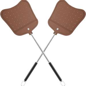 Foxany Telescopic Fly Swatters Heavy Duty Set, Leather Fly Swatter with Extendable Long Handle, Flexible Manual Flyswatter for Indoor Outdoor, 2 Pack