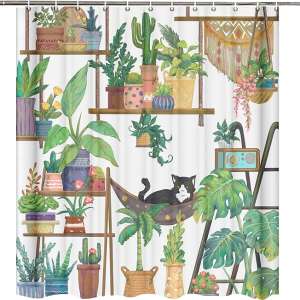 foxany Boho Flower Shower Curtains, Tropical Botanical Leaves Floral Bathroom Curtain Waterproof with Hooks, Green Monstera Leaf Cactus Cat Bath Curtain