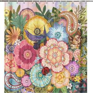 foxany Boho Floral Shower Curtains with 12 Hooks, Waterproof Colorful Mandala Flower Bathroom Curtain, Washable Bright Paisley Daisy Fabric Bath Curtain Set