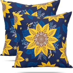 foxany Sunflower Mandala Throw Pillow Covers 18x18, Double Sided Summer Floral Leaf Decorative Pillow Cover, Set of 2 Retro Bee Flower Square Cushion Cover Case, Dark Blue