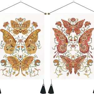 foxany Boho Butterfly Tapestry Wall Decor, Set of 2 Vintage Paisley Flower Tapestries Bedroom, Moth Floral Wall Hanging Art Retro Tapestry for Room Home, 13.7”×19.7”