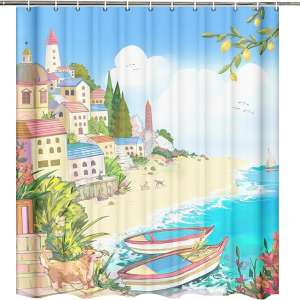 foxany Abstract Scenic Shower Curtain Sets 72”×72”, Blue Ocean Beach Scenery Shower Curtain Waterproof for Bathroom, Romantic Fantasy Village Art Bathtub Shower Curtain with Hooks